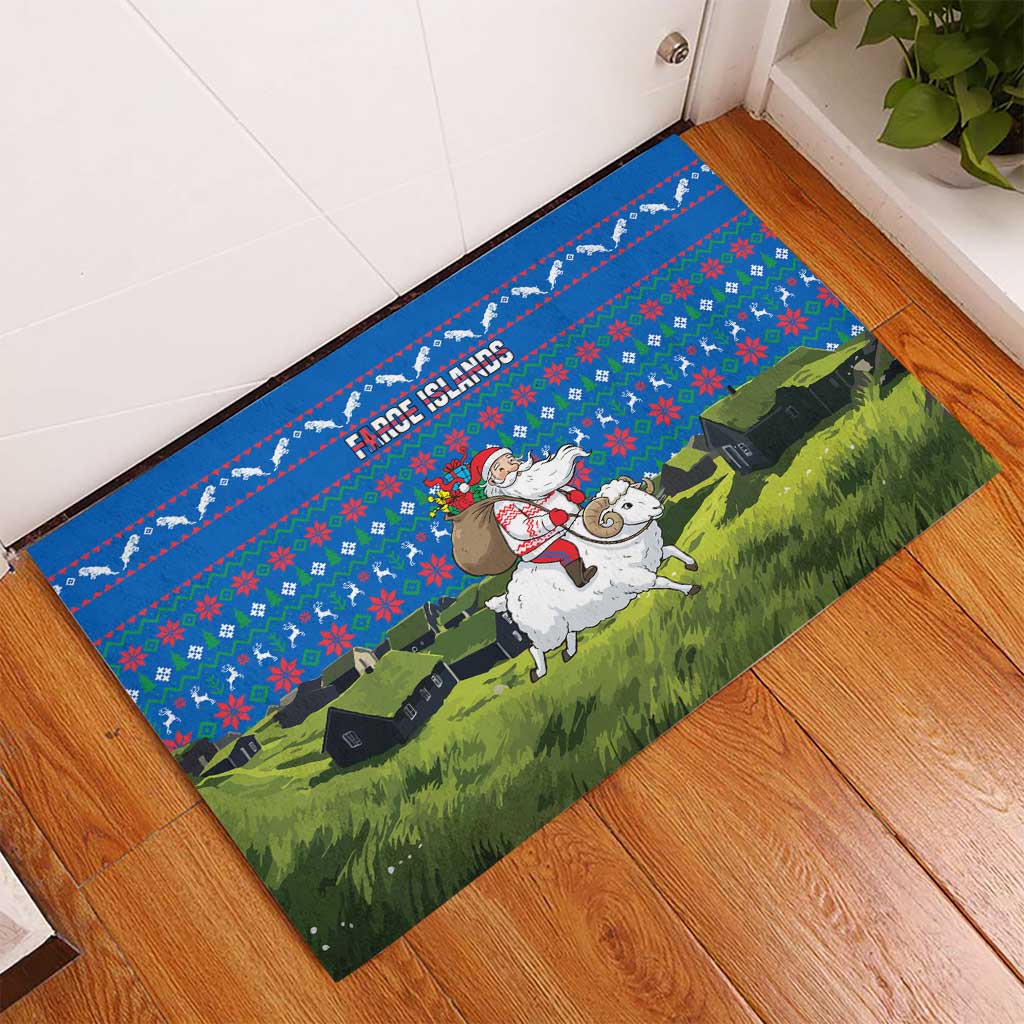 Faroe Islands Christmas Rubber Doormat with Santa Riding Sheep Grass Roof Houses and Blue Nordic Pattern Design - Wonder Print Shop