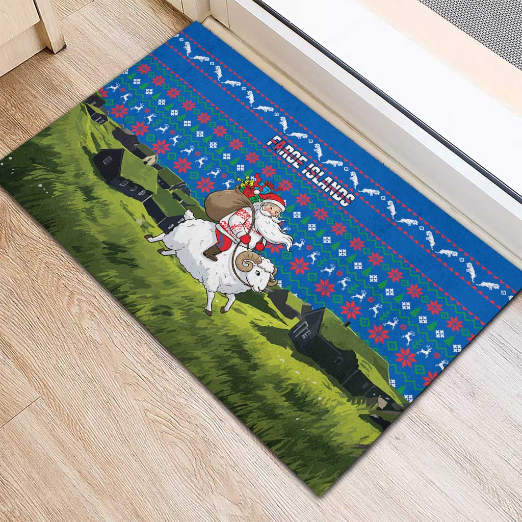 Faroe Islands Christmas Rubber Doormat with Santa Riding Sheep Grass Roof Houses and Blue Nordic Pattern Design - Wonder Print Shop