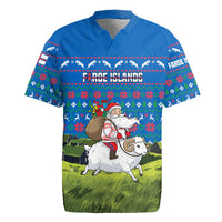 Faroe Islands Christmas Rugby Jersey with Santa Riding Sheep Grass Roof Houses and Blue Nordic Pattern Design - Wonder Print Shop
