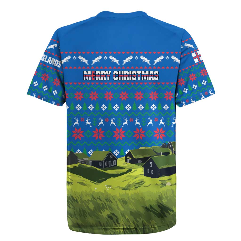 Faroe Islands Christmas Rugby Jersey with Santa Riding Sheep Grass Roof Houses and Blue Nordic Pattern Design - Wonder Print Shop