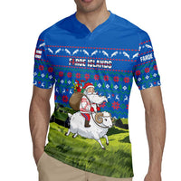 Faroe Islands Christmas Rugby Jersey with Santa Riding Sheep Grass Roof Houses and Blue Nordic Pattern Design - Wonder Print Shop