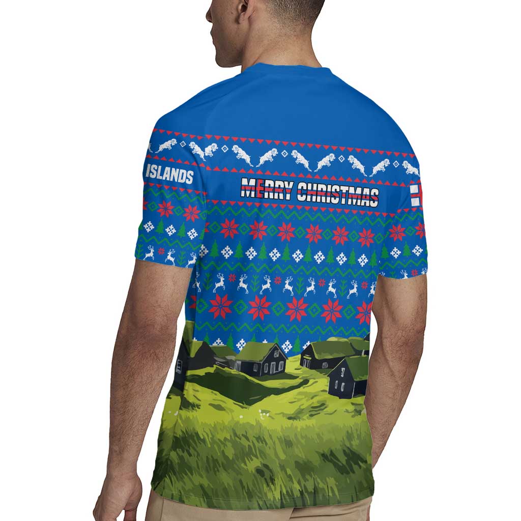Faroe Islands Christmas Rugby Jersey with Santa Riding Sheep Grass Roof Houses and Blue Nordic Pattern Design - Wonder Print Shop