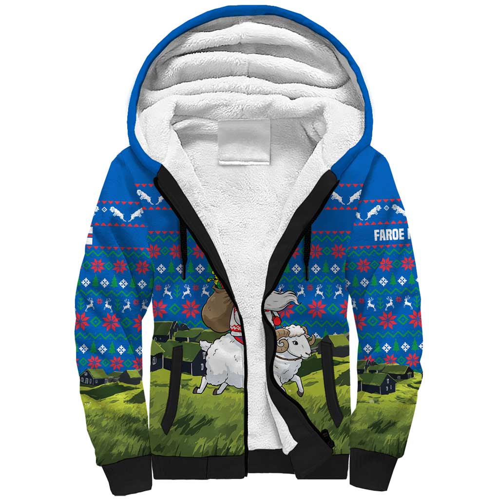 Faroe Islands Christmas Sherpa Hoodie with Santa Riding Sheep Grass Roof Houses and Blue Nordic Pattern Design - Wonder Print Shop