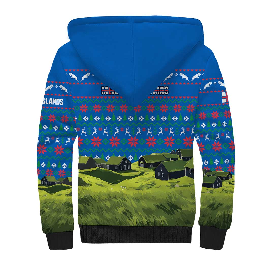 Faroe Islands Christmas Sherpa Hoodie with Santa Riding Sheep Grass Roof Houses and Blue Nordic Pattern Design - Wonder Print Shop