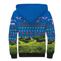 Faroe Islands Christmas Sherpa Hoodie with Santa Riding Sheep Grass Roof Houses and Blue Nordic Pattern Design - Wonder Print Shop