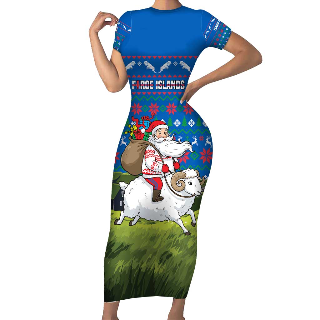 Faroe Islands Christmas Short Sleeve Bodycon Dress with Santa Riding Sheep Grass Roof Houses and Blue Nordic Pattern Design - Wonder Print Shop
