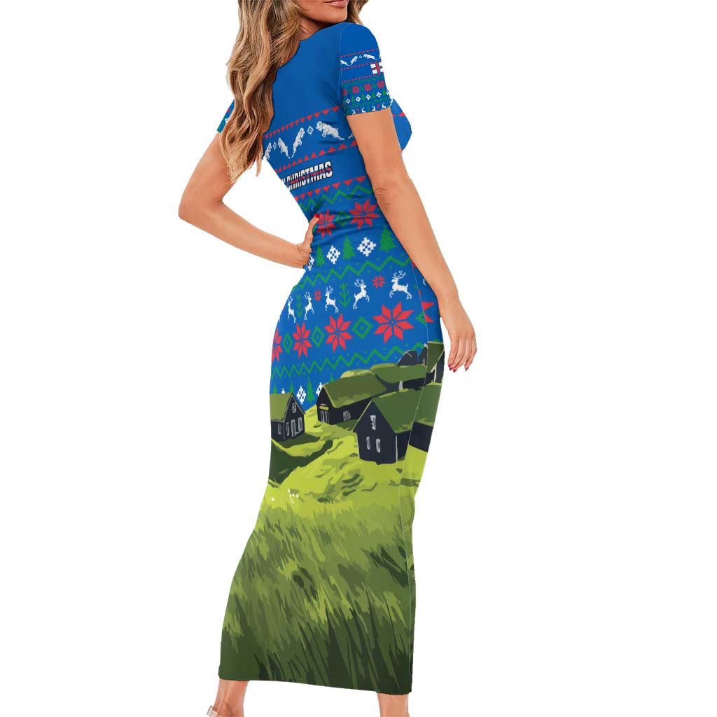 Faroe Islands Christmas Short Sleeve Bodycon Dress with Santa Riding Sheep Grass Roof Houses and Blue Nordic Pattern Design - Wonder Print Shop