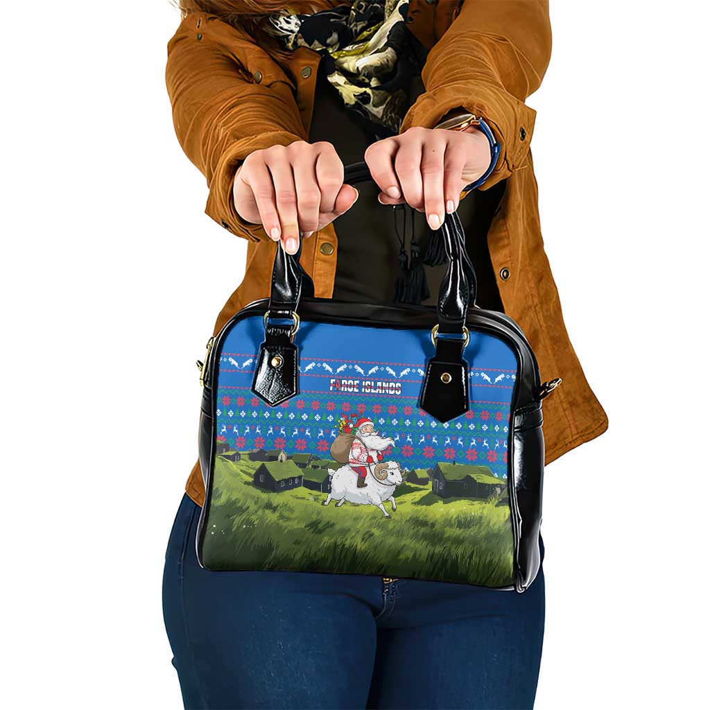 Faroe Islands Christmas Shoulder Handbag with Santa Riding Sheep Grass Roof Houses and Blue Nordic Pattern Design - Wonder Print Shop