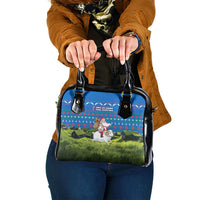Faroe Islands Christmas Shoulder Handbag with Santa Riding Sheep Grass Roof Houses and Blue Nordic Pattern Design - Wonder Print Shop