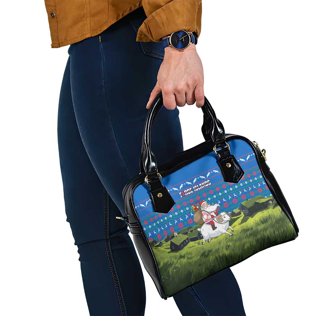 Faroe Islands Christmas Shoulder Handbag with Santa Riding Sheep Grass Roof Houses and Blue Nordic Pattern Design - Wonder Print Shop