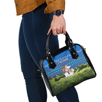 Faroe Islands Christmas Shoulder Handbag with Santa Riding Sheep Grass Roof Houses and Blue Nordic Pattern Design - Wonder Print Shop