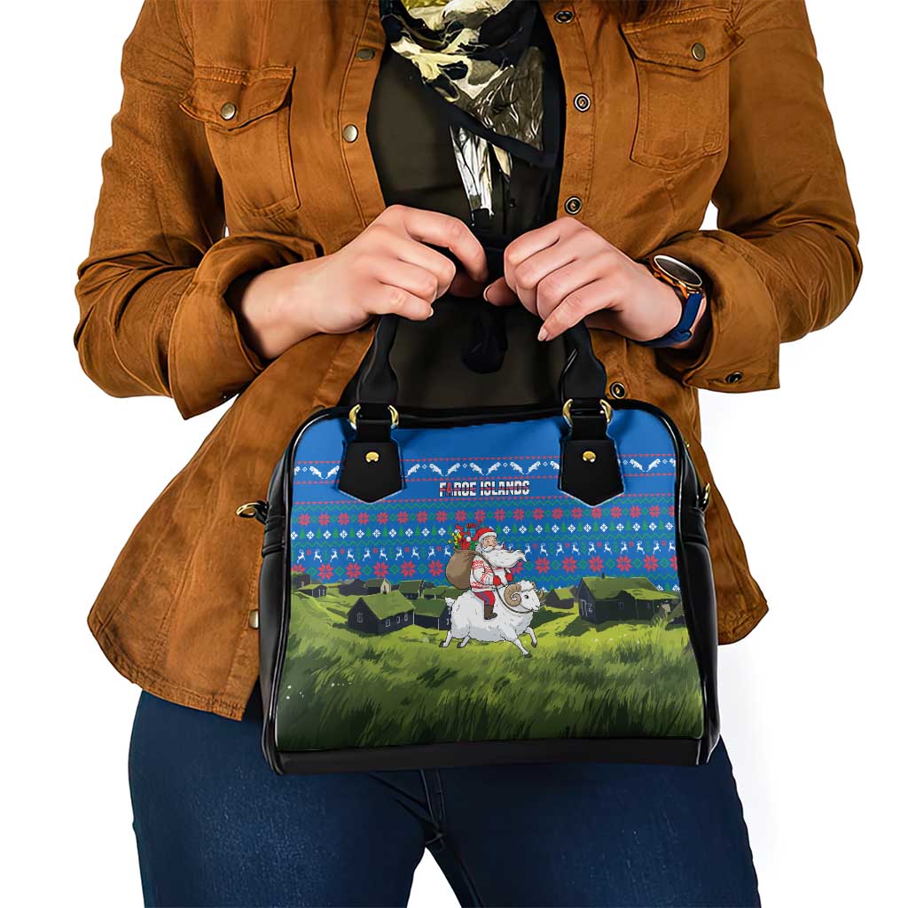 Faroe Islands Christmas Shoulder Handbag with Santa Riding Sheep Grass Roof Houses and Blue Nordic Pattern Design - Wonder Print Shop