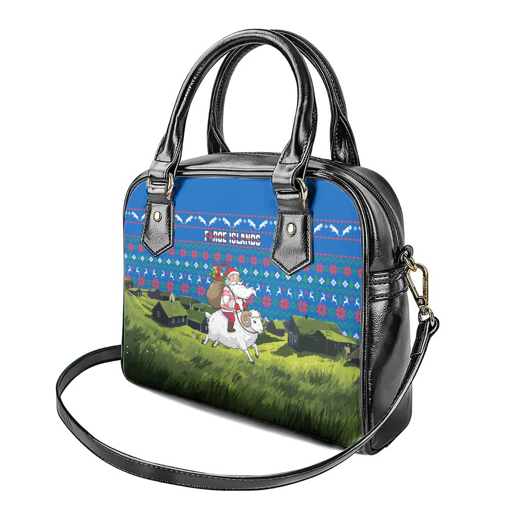 Faroe Islands Christmas Shoulder Handbag with Santa Riding Sheep Grass Roof Houses and Blue Nordic Pattern Design - Wonder Print Shop