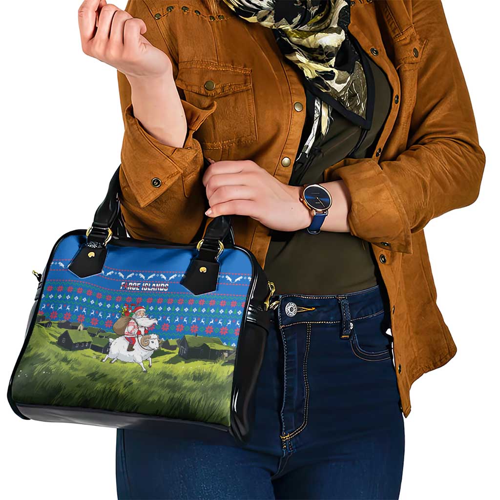 Faroe Islands Christmas Shoulder Handbag with Santa Riding Sheep Grass Roof Houses and Blue Nordic Pattern Design - Wonder Print Shop