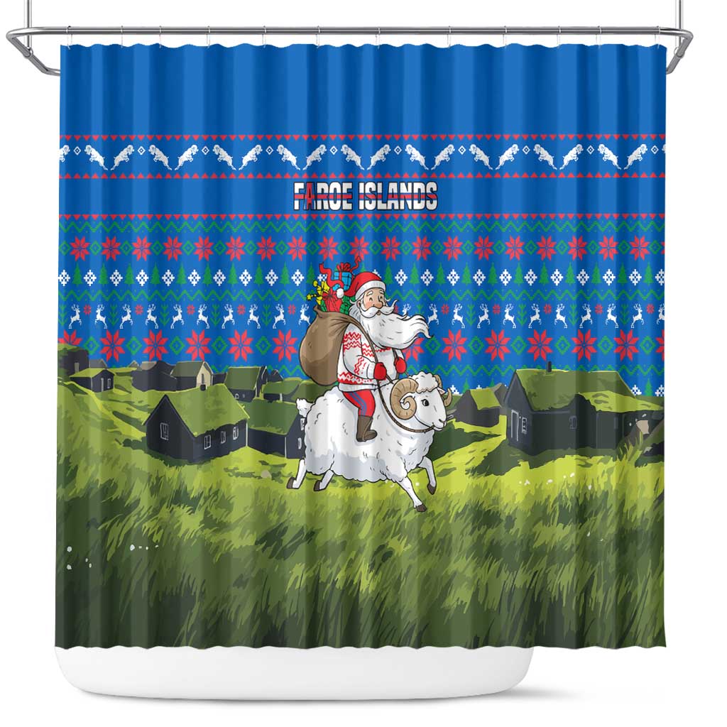 Faroe Islands Christmas Shower Curtain with Santa Riding Sheep Grass Roof Houses and Blue Nordic Pattern Design - Wonder Print Shop