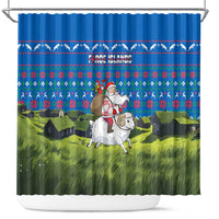 Faroe Islands Christmas Shower Curtain with Santa Riding Sheep Grass Roof Houses and Blue Nordic Pattern Design - Wonder Print Shop