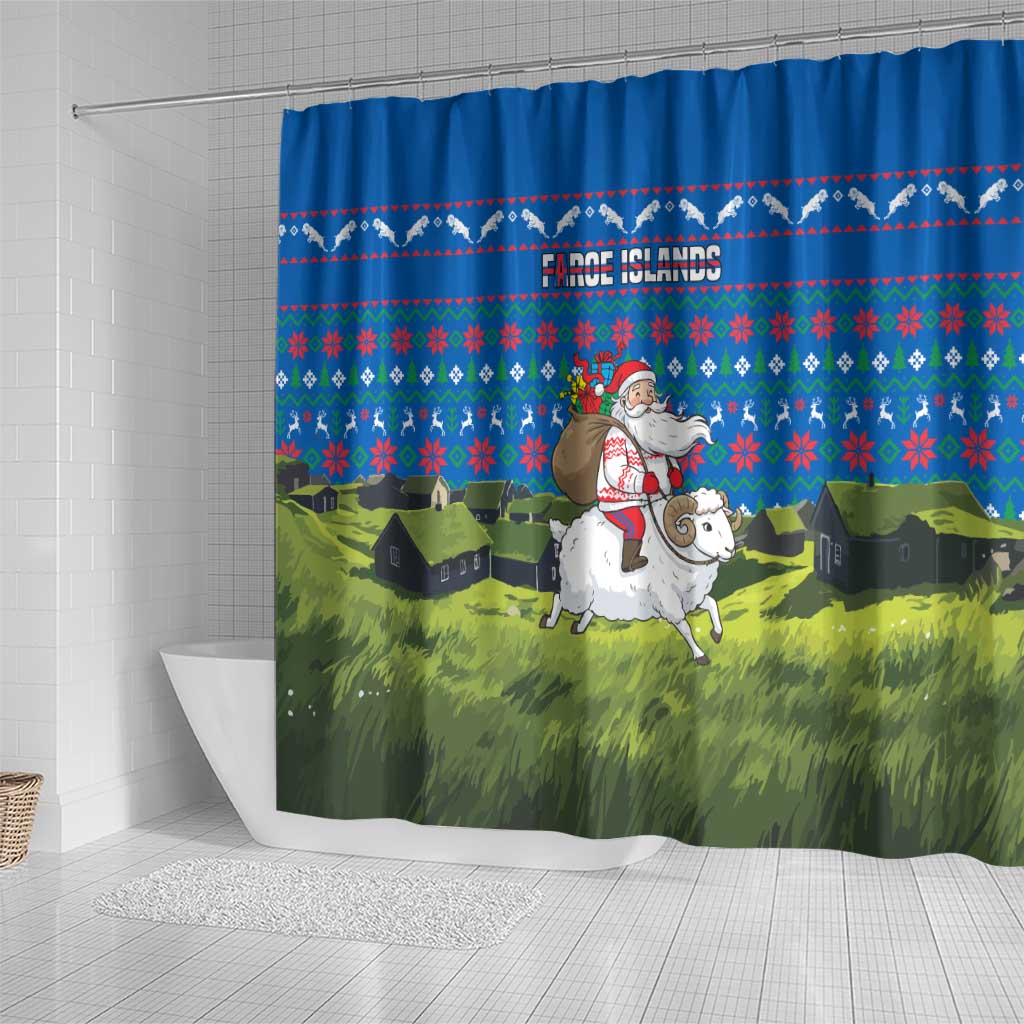 Faroe Islands Christmas Shower Curtain with Santa Riding Sheep Grass Roof Houses and Blue Nordic Pattern Design - Wonder Print Shop