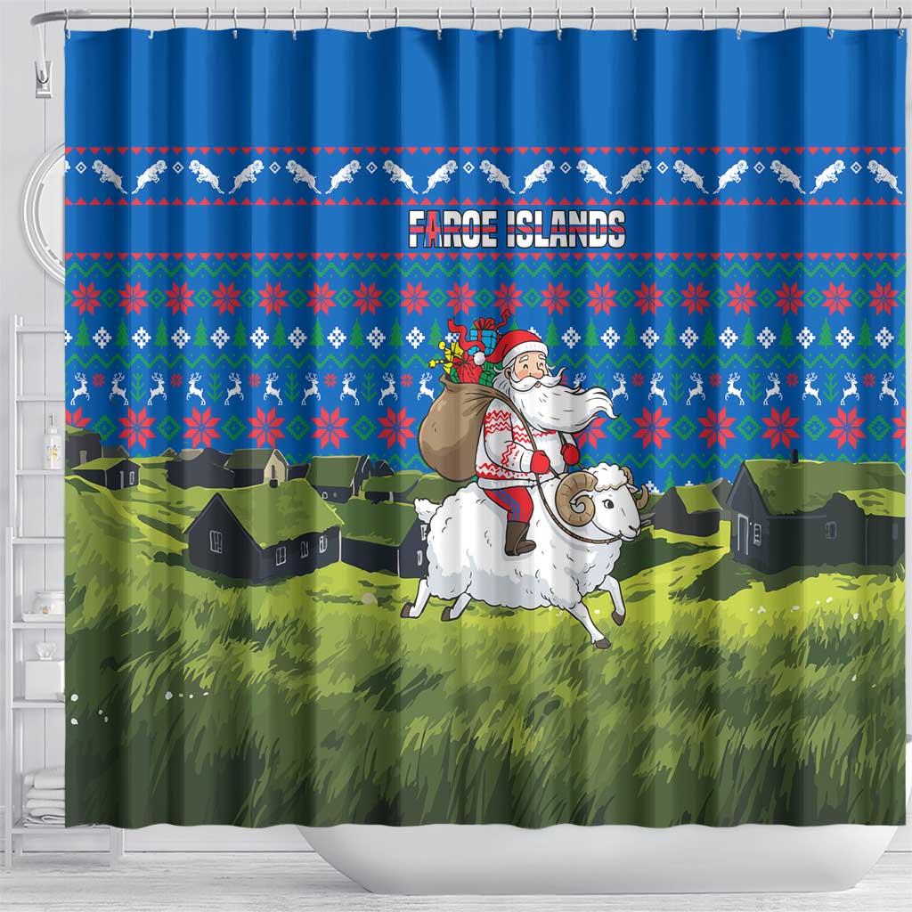 Faroe Islands Christmas Shower Curtain with Santa Riding Sheep Grass Roof Houses and Blue Nordic Pattern Design - Wonder Print Shop