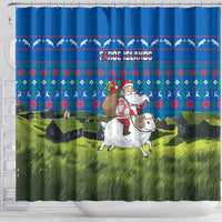 Faroe Islands Christmas Shower Curtain with Santa Riding Sheep Grass Roof Houses and Blue Nordic Pattern Design - Wonder Print Shop