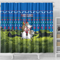 Faroe Islands Christmas Shower Curtain with Santa Riding Sheep Grass Roof Houses and Blue Nordic Pattern Design - Wonder Print Shop