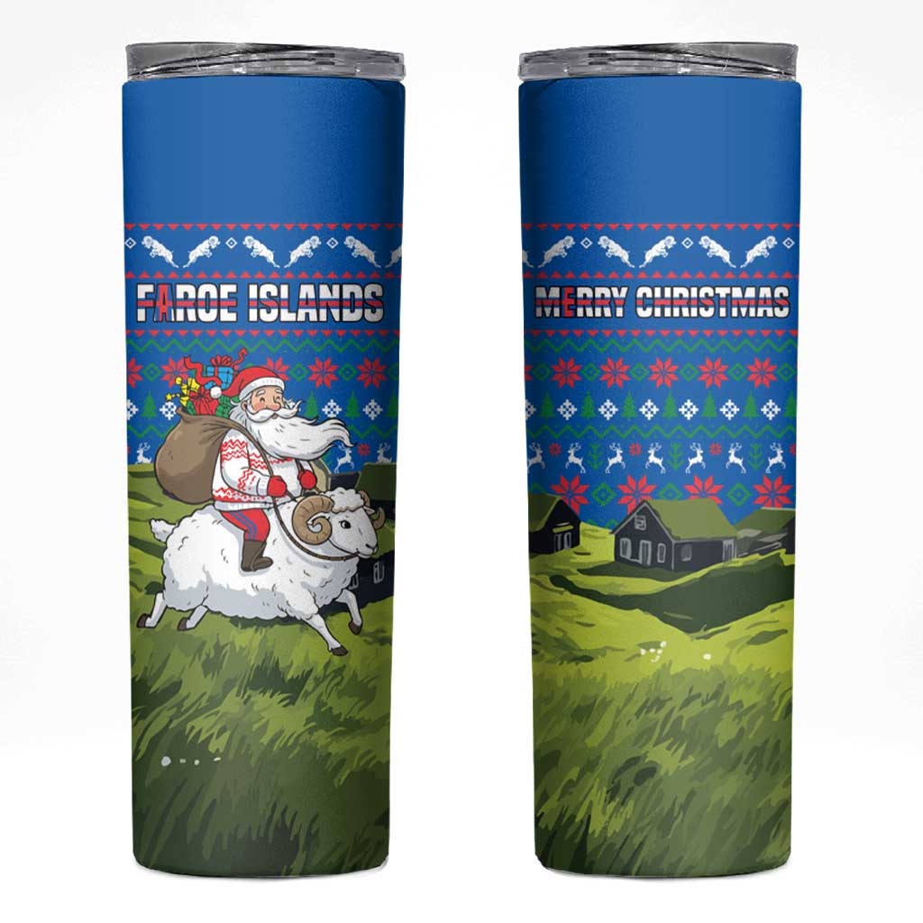 Faroe Islands Christmas Skinny Tumbler with Santa Riding Sheep Grass Roof Houses and Blue Nordic Pattern Design - Wonder Print Shop