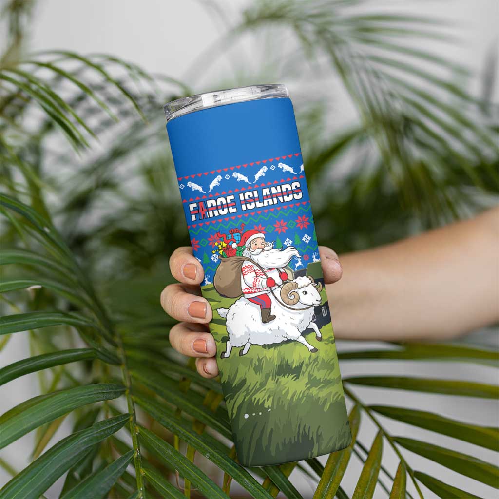 Faroe Islands Christmas Skinny Tumbler with Santa Riding Sheep Grass Roof Houses and Blue Nordic Pattern Design - Wonder Print Shop