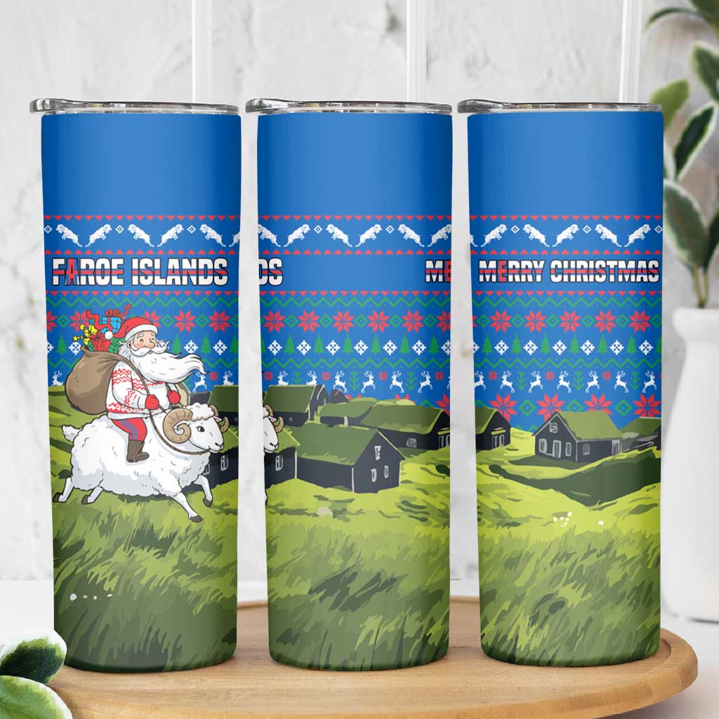 Faroe Islands Christmas Skinny Tumbler with Santa Riding Sheep Grass Roof Houses and Blue Nordic Pattern Design - Wonder Print Shop