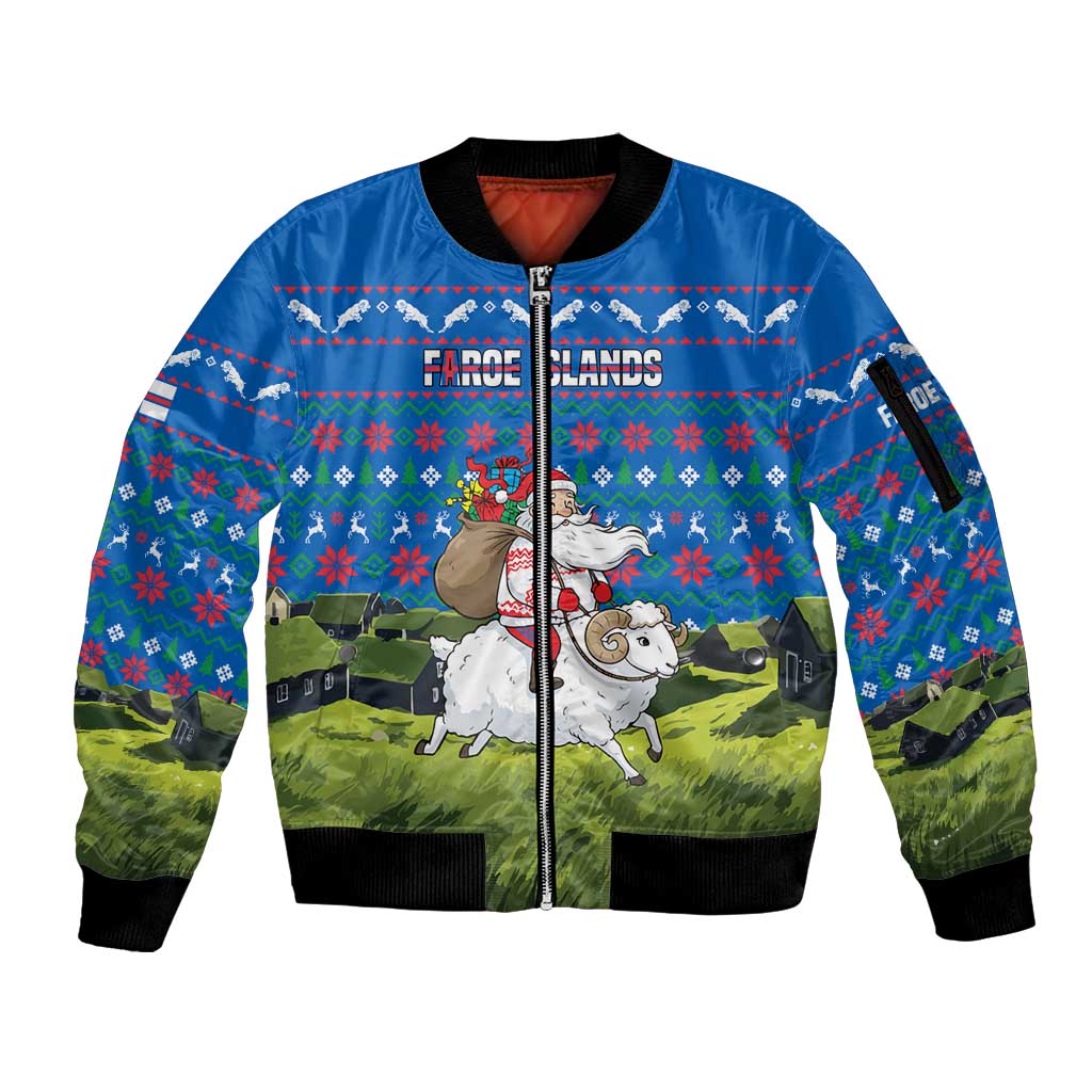 Faroe Islands Christmas Sleeve Zip Bomber Jacket with Santa Riding Sheep Grass Roof Houses and Blue Nordic Pattern Design - Wonder Print Shop