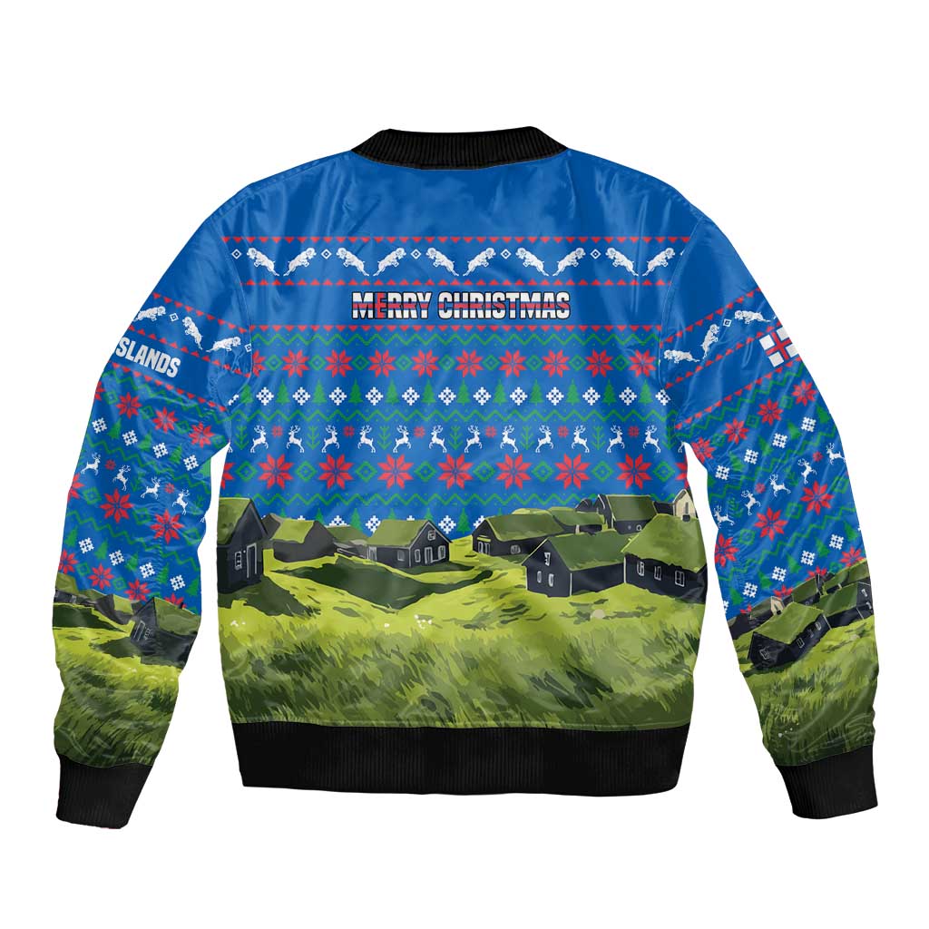 Faroe Islands Christmas Sleeve Zip Bomber Jacket with Santa Riding Sheep Grass Roof Houses and Blue Nordic Pattern Design - Wonder Print Shop