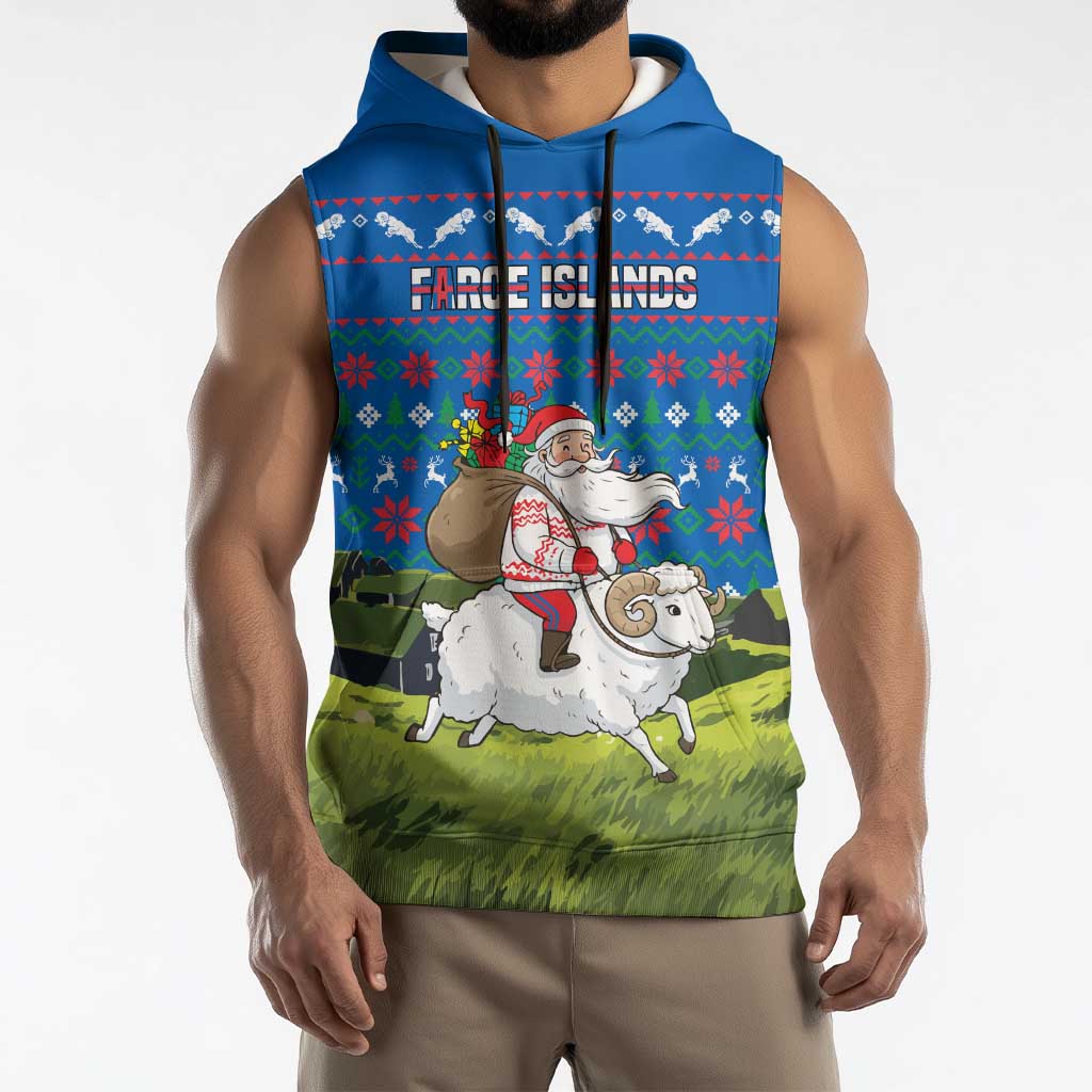Faroe Islands Christmas Sleeveless Hoodie with Santa Riding Sheep Grass Roof Houses and Blue Nordic Pattern Design - Wonder Print Shop