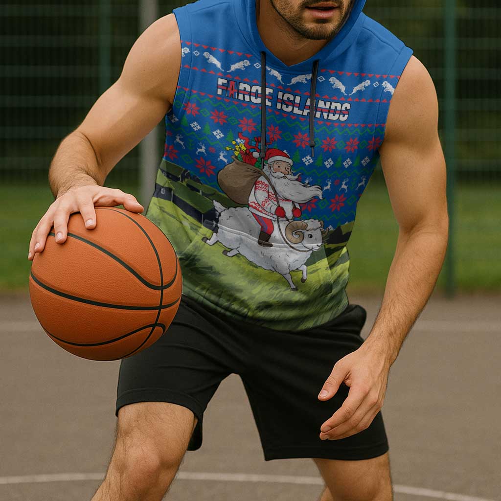 Faroe Islands Christmas Sleeveless Hoodie with Santa Riding Sheep Grass Roof Houses and Blue Nordic Pattern Design - Wonder Print Shop