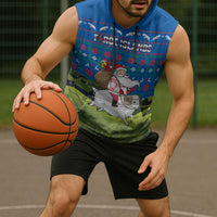 Faroe Islands Christmas Sleeveless Hoodie with Santa Riding Sheep Grass Roof Houses and Blue Nordic Pattern Design - Wonder Print Shop