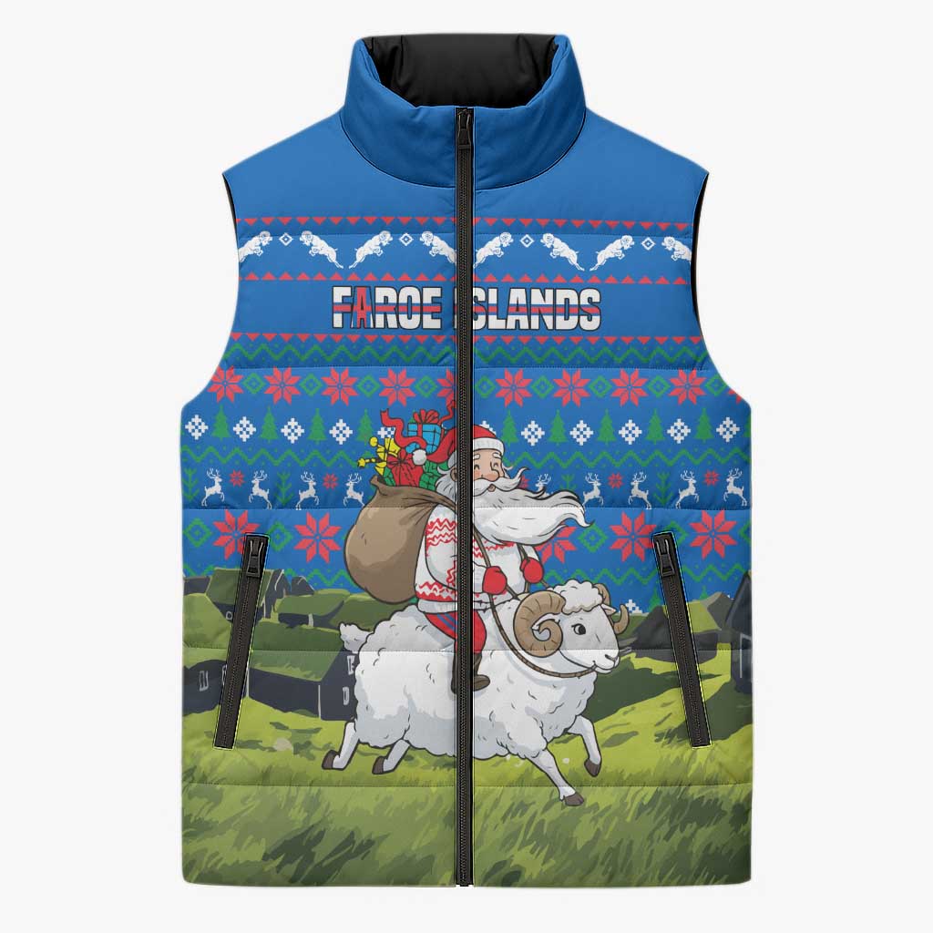 Faroe Islands Christmas Sleeveless Puffer Jacket with Santa Riding Sheep Grass Roof Houses and Blue Nordic Pattern Design - Wonder Print Shop