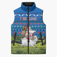 Faroe Islands Christmas Sleeveless Puffer Jacket with Santa Riding Sheep Grass Roof Houses and Blue Nordic Pattern Design - Wonder Print Shop