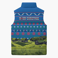 Faroe Islands Christmas Sleeveless Puffer Jacket with Santa Riding Sheep Grass Roof Houses and Blue Nordic Pattern Design - Wonder Print Shop