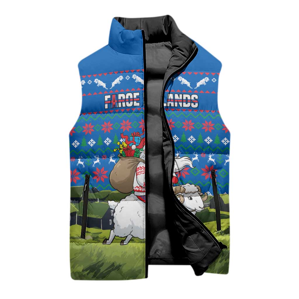 Faroe Islands Christmas Sleeveless Puffer Jacket with Santa Riding Sheep Grass Roof Houses and Blue Nordic Pattern Design - Wonder Print Shop