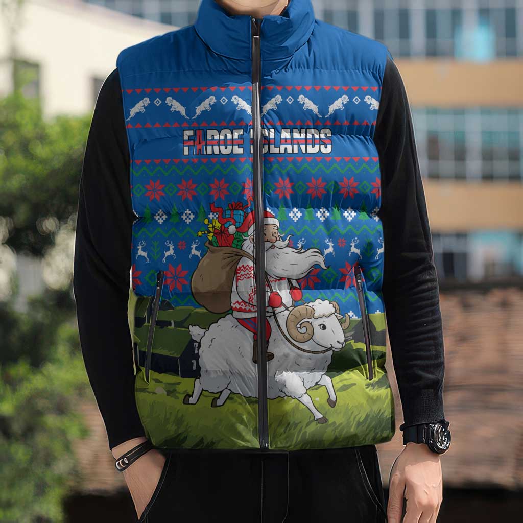 Faroe Islands Christmas Sleeveless Puffer Jacket with Santa Riding Sheep Grass Roof Houses and Blue Nordic Pattern Design - Wonder Print Shop