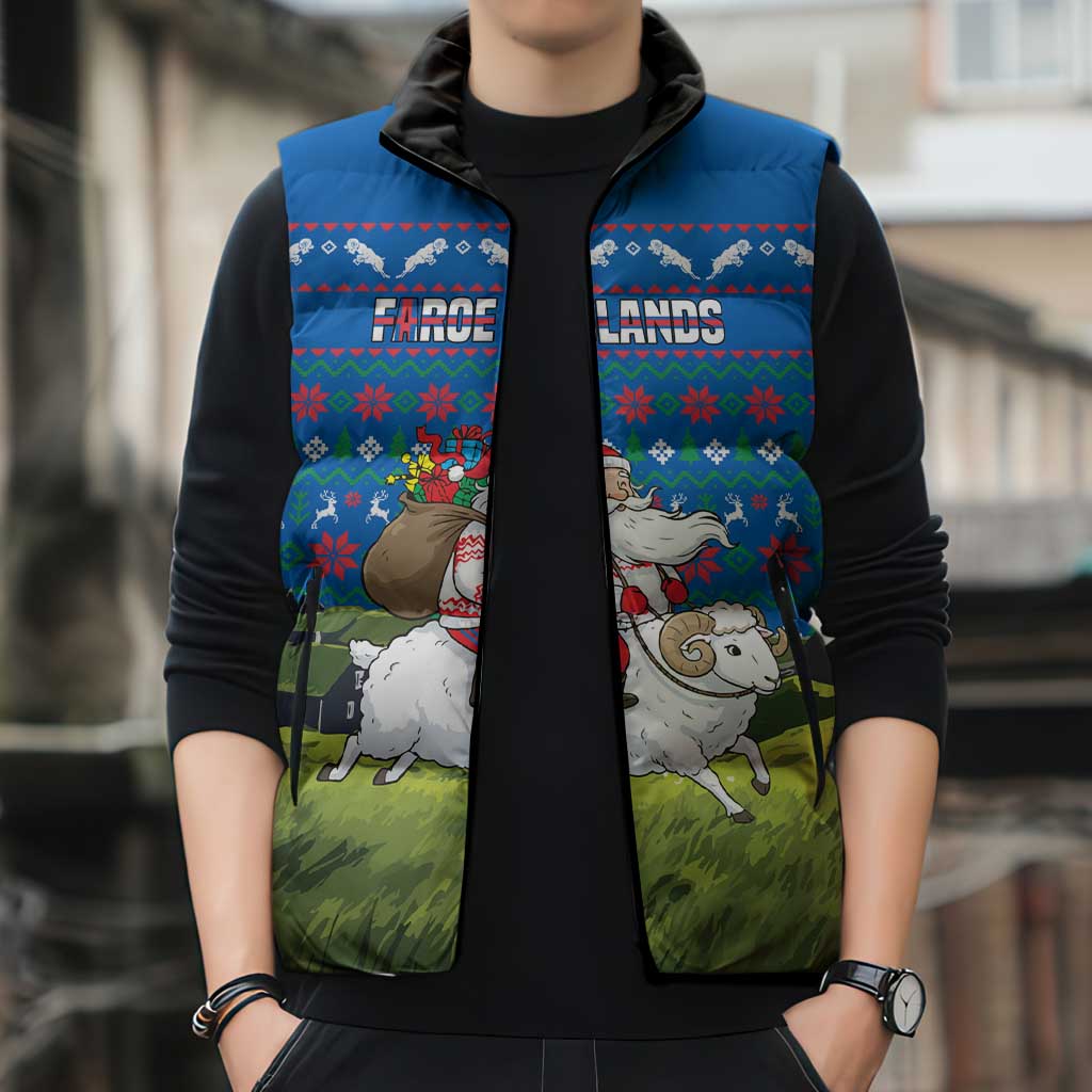 Faroe Islands Christmas Sleeveless Puffer Jacket with Santa Riding Sheep Grass Roof Houses and Blue Nordic Pattern Design - Wonder Print Shop