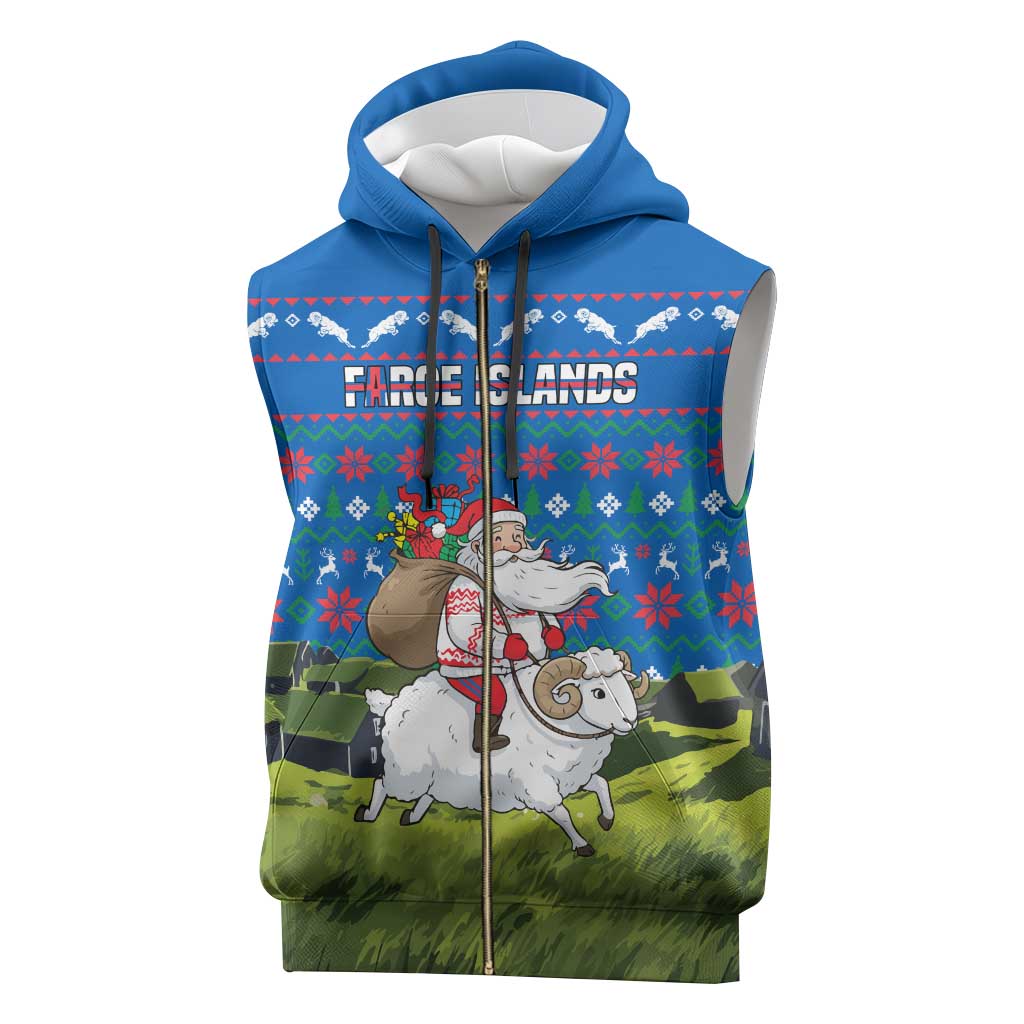 Faroe Islands Christmas Sleeveless Zip Hoodie with Santa Riding Sheep Grass Roof Houses and Blue Nordic Pattern Design - Wonder Print Shop