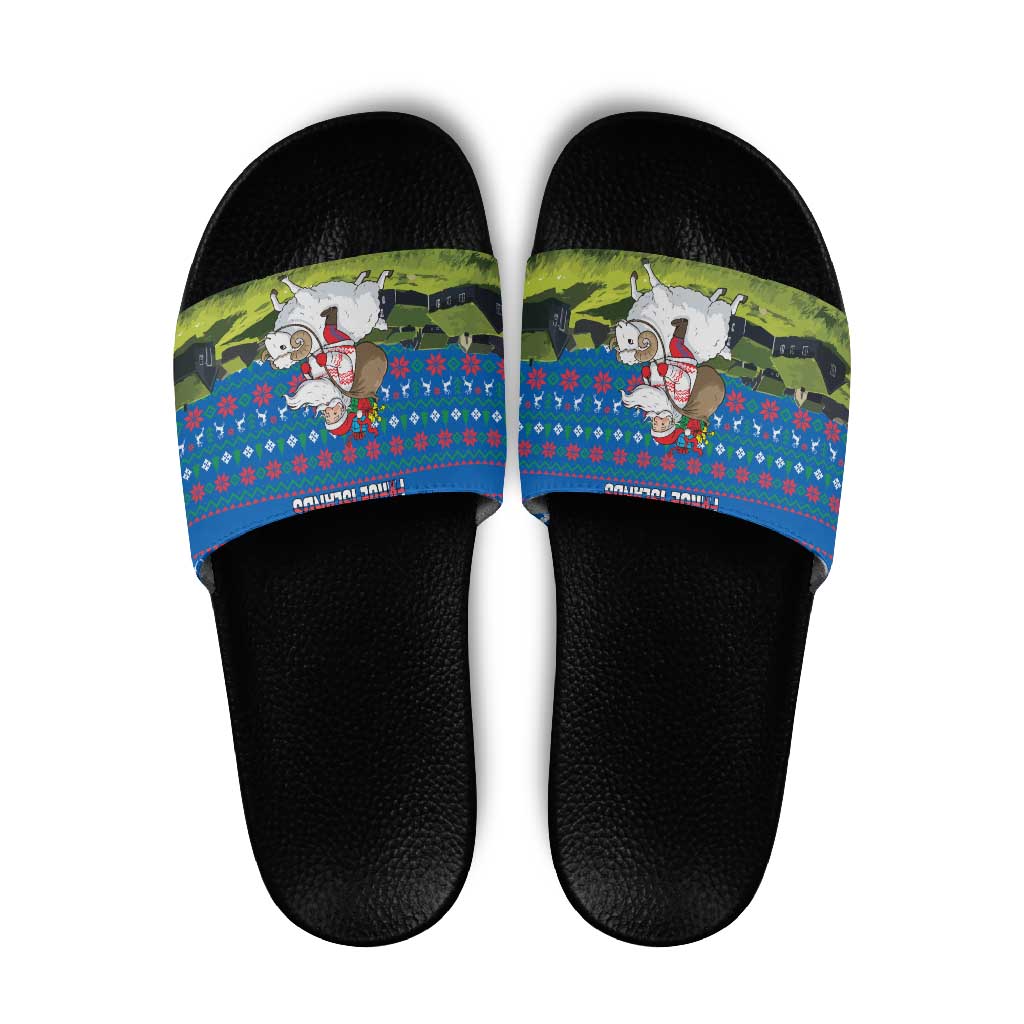 Faroe Islands Christmas Slide Sandals with Santa Riding Sheep Grass Roof Houses and Blue Nordic Pattern Design - Wonder Print Shop