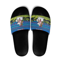 Faroe Islands Christmas Slide Sandals with Santa Riding Sheep Grass Roof Houses and Blue Nordic Pattern Design - Wonder Print Shop
