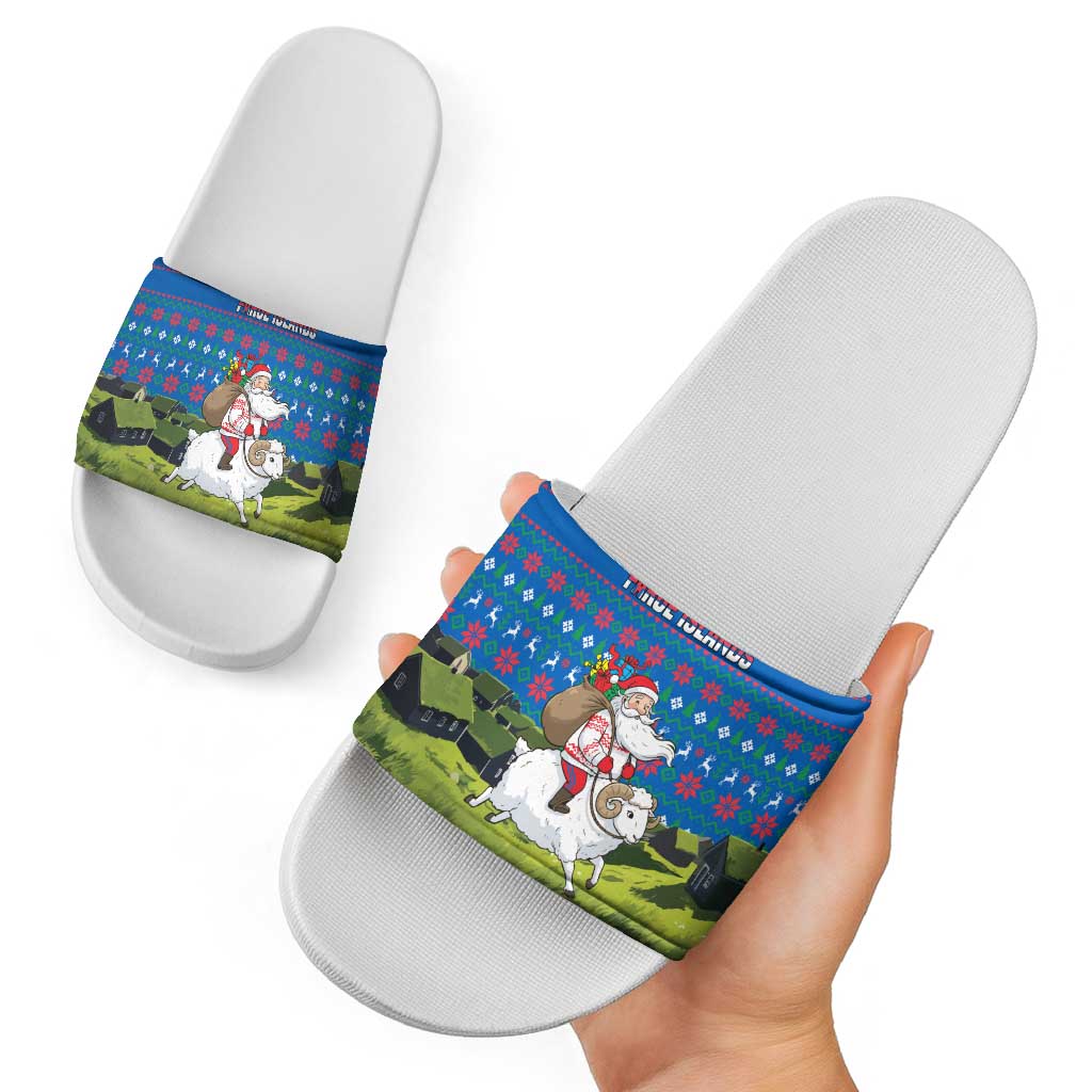 Faroe Islands Christmas Slide Sandals with Santa Riding Sheep Grass Roof Houses and Blue Nordic Pattern Design - Wonder Print Shop