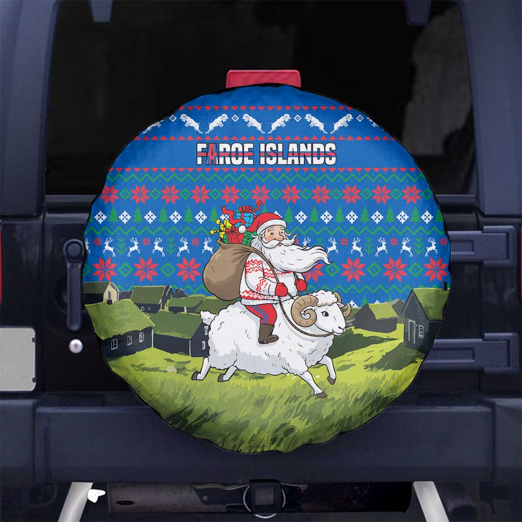 Faroe Islands Christmas Spare Tire Cover with Santa Riding Sheep Grass Roof Houses and Blue Nordic Pattern Design - Wonder Print Shop