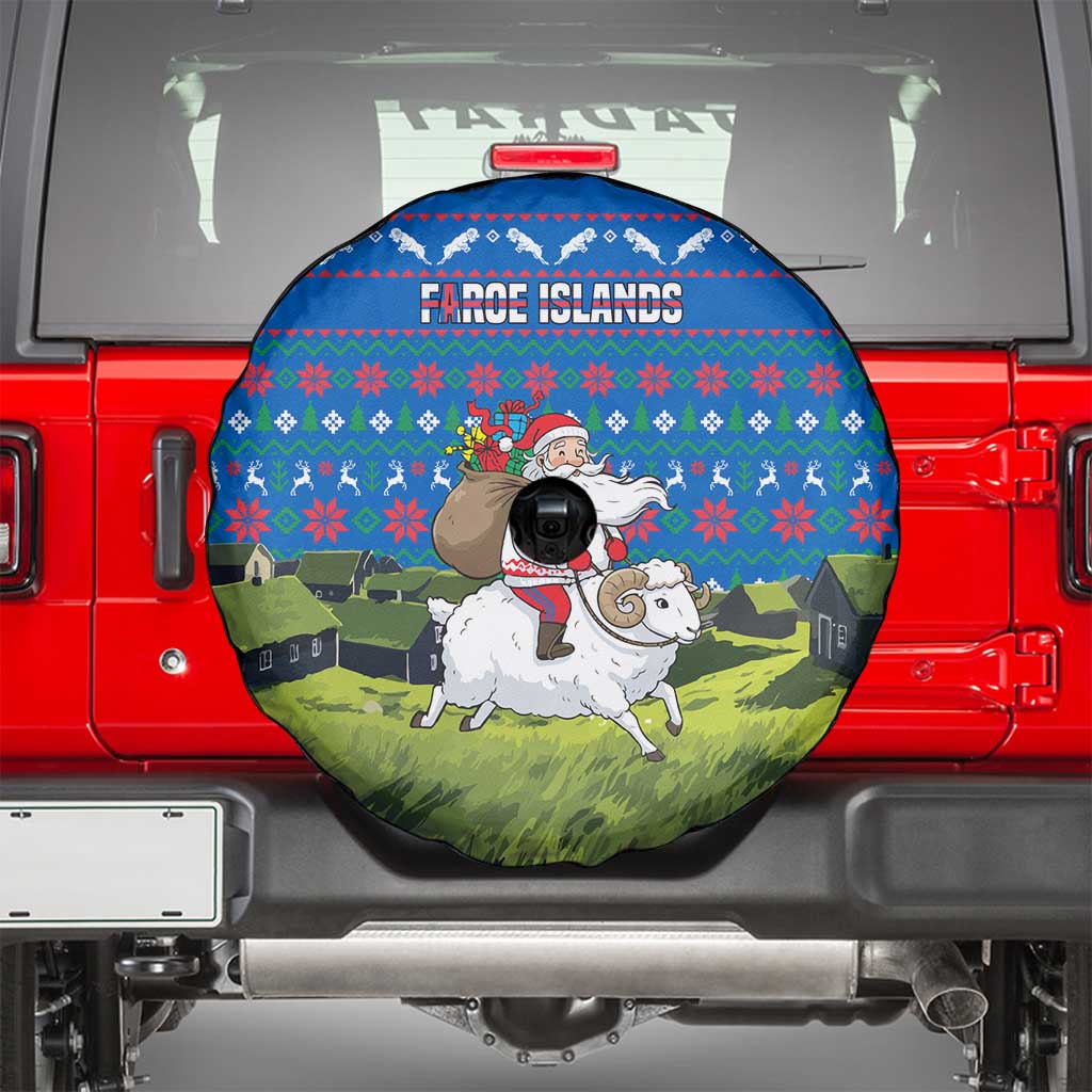 Faroe Islands Christmas Spare Tire Cover with Santa Riding Sheep Grass Roof Houses and Blue Nordic Pattern Design - Wonder Print Shop