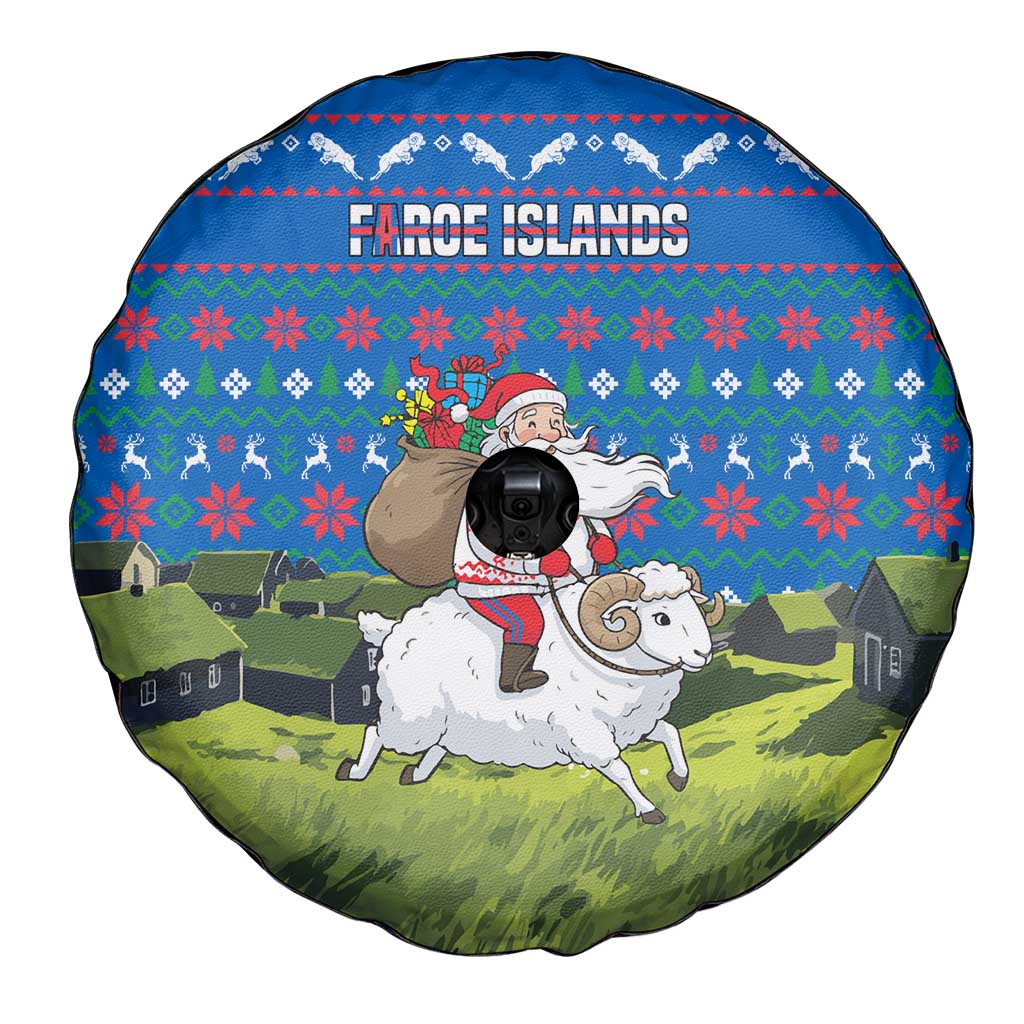 Faroe Islands Christmas Spare Tire Cover with Santa Riding Sheep Grass Roof Houses and Blue Nordic Pattern Design - Wonder Print Shop