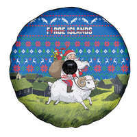 Faroe Islands Christmas Spare Tire Cover with Santa Riding Sheep Grass Roof Houses and Blue Nordic Pattern Design - Wonder Print Shop