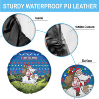 Faroe Islands Christmas Spare Tire Cover with Santa Riding Sheep Grass Roof Houses and Blue Nordic Pattern Design - Wonder Print Shop