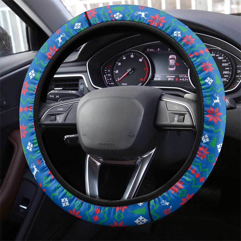 Faroe Islands Christmas Steering Wheel Cover with Santa Riding Sheep Grass Roof Houses and Blue Nordic Pattern Design - Wonder Print Shop