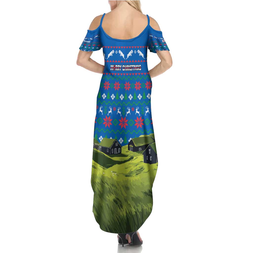Faroe Islands Christmas Summer Maxi Dress with Santa Riding Sheep Grass Roof Houses and Blue Nordic Pattern Design - Wonder Print Shop