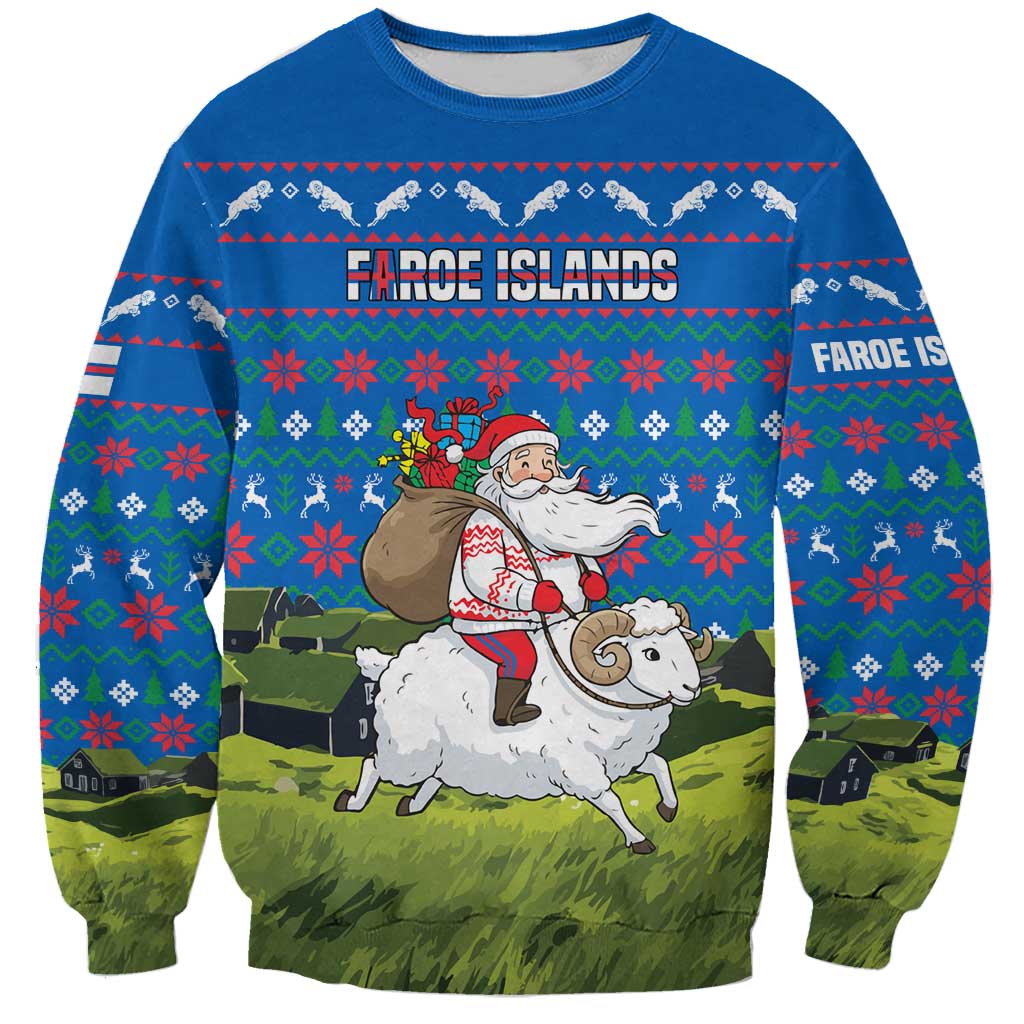 Faroe Islands Christmas Sweatshirt with Santa Riding Sheep Grass Roof Houses and Blue Nordic Pattern Design - Wonder Print Shop